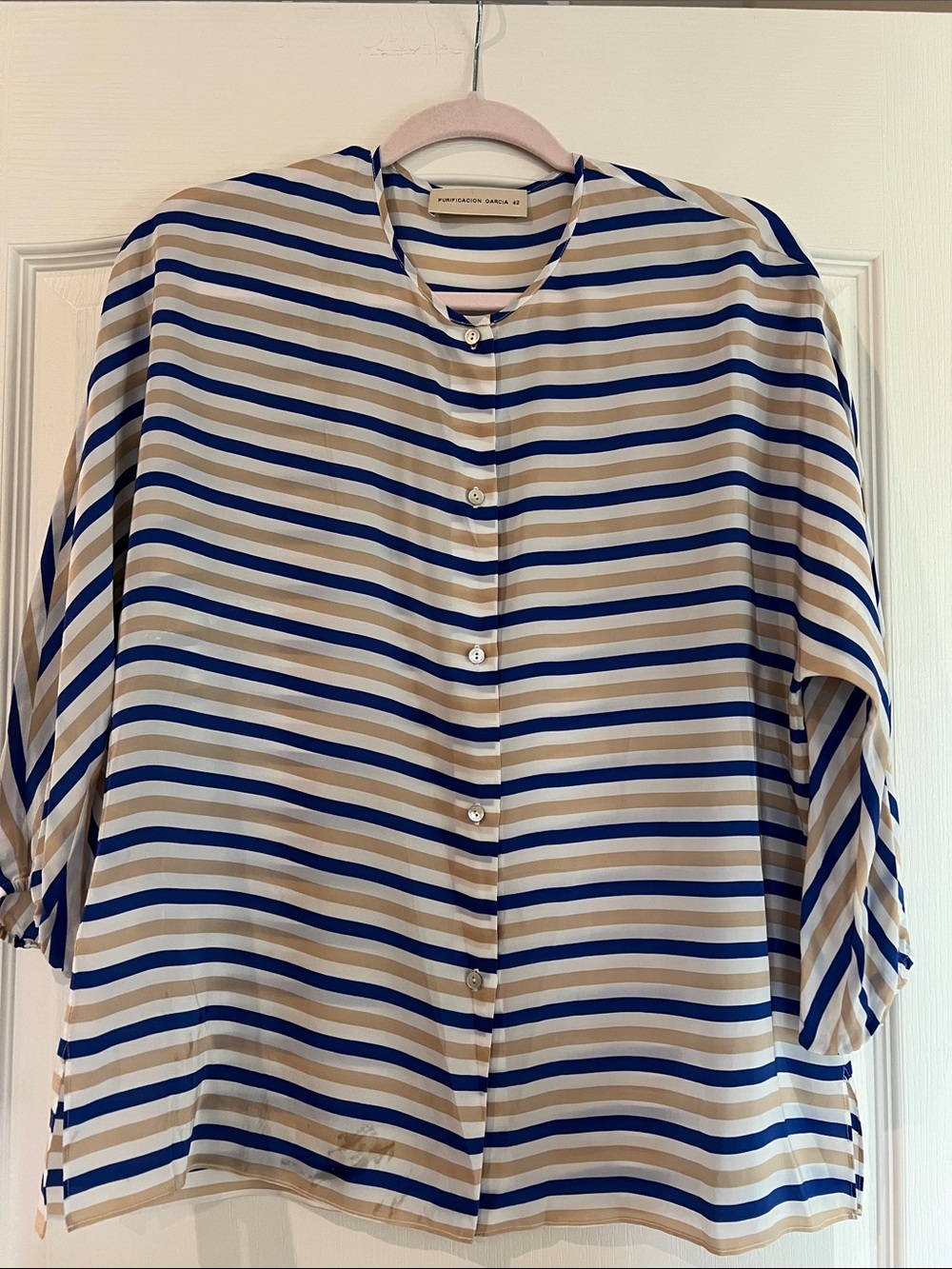 Striped Blue and Cream Button-Up Women's Top